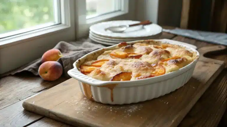 Freshly baked peach cobbler with golden cake mix crust and bubbling peach filling in a white baking dish.