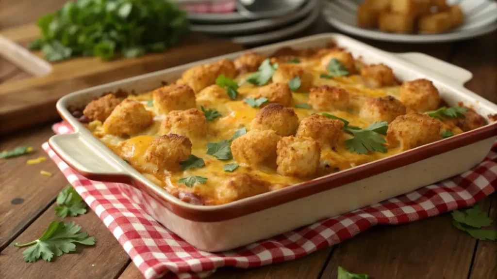 Hot Cowgirl Casserole with crispy tater tots, melted cheese, and a fresh cilantro garnish.