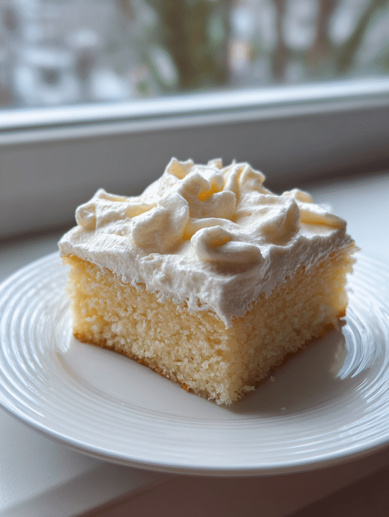 Kefir sheet cake recipe served on white plate with creamy frosting