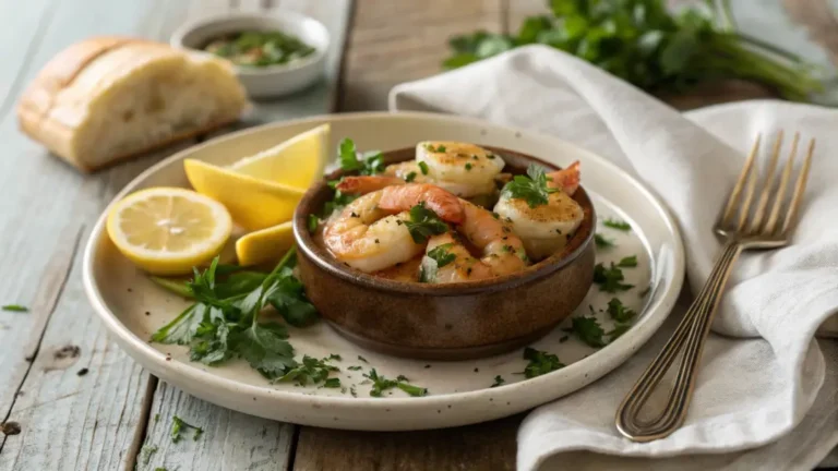 A beautifully plated Justalittlebite food meal, featuring a small-portion garlic butter shrimp bowl with fresh herbs and lemon, served on a rustic wooden table.