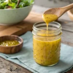 a jar of yellow sauce with a wooden spoon ( lemon dijon salad dressing )