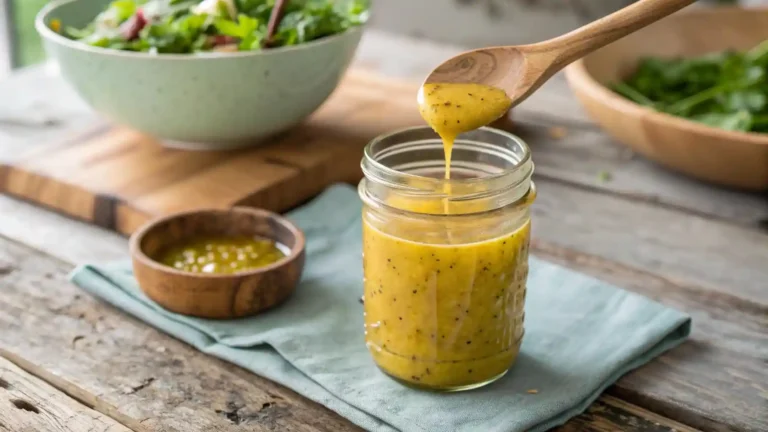 a jar of yellow sauce with a wooden spoon ( lemon dijon salad dressing )