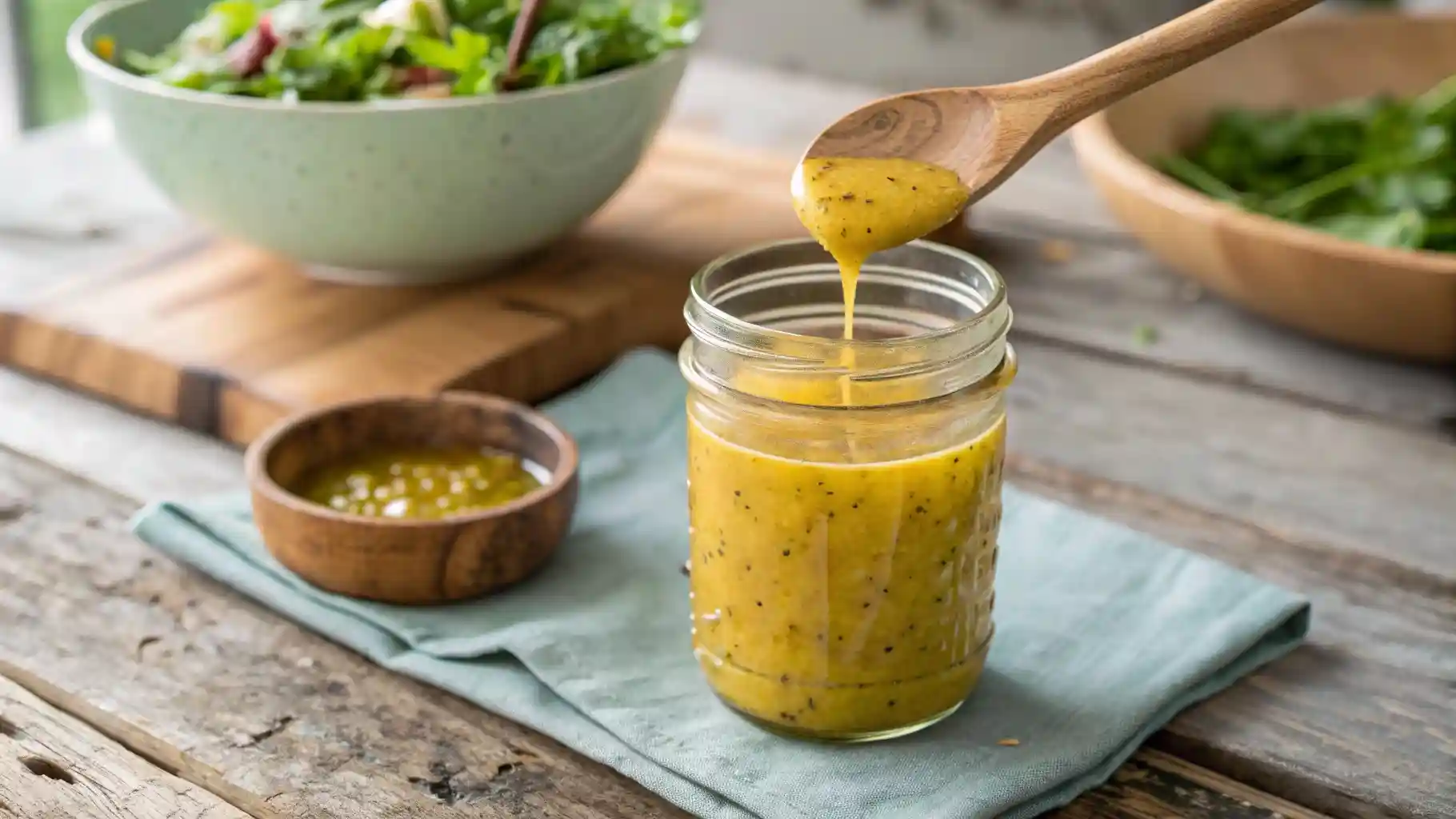 a jar of yellow sauce with a wooden spoon ( lemon dijon salad dressing )