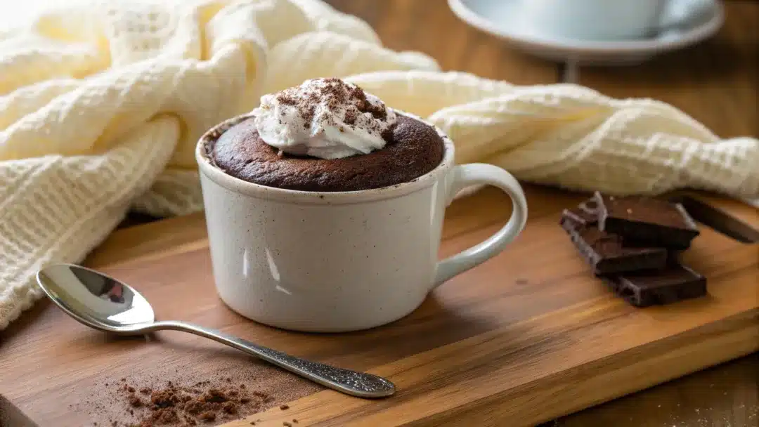 The Ultimate Justalittlebite Food Guide: Quick and Tasty Recipes for Any Meal A single-serve chocolate mug cake in a white mug, dusted with cocoa powder and topped with whipped cream, placed on a cozy wooden table with soft lighting.