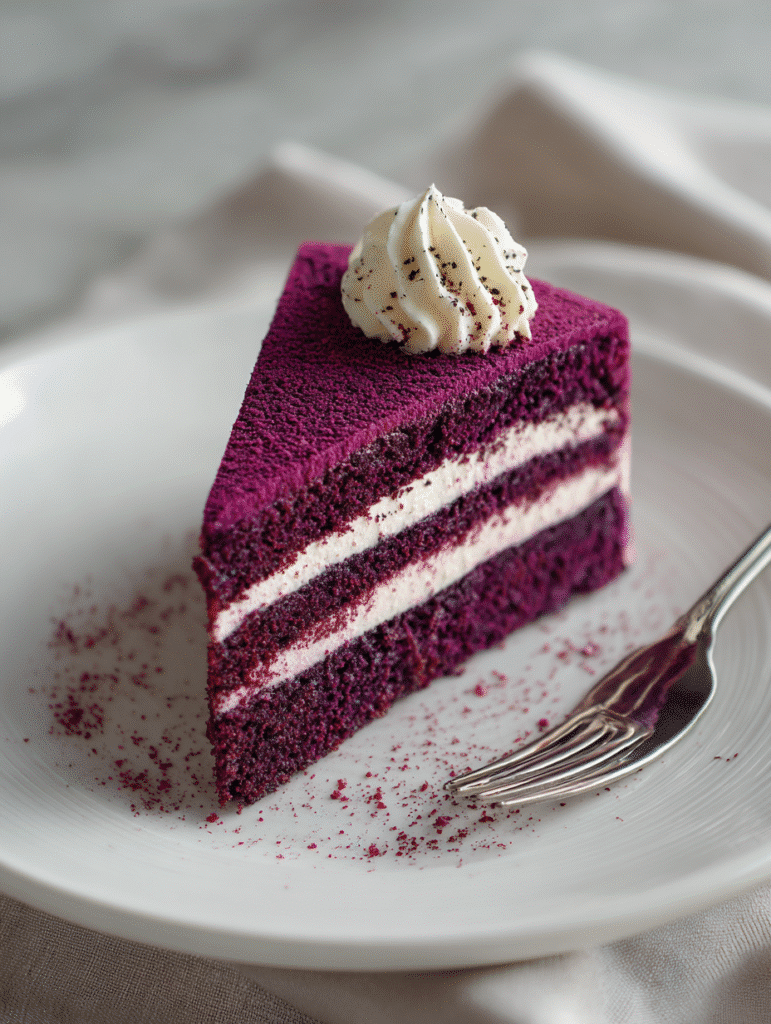 purple velvet cake recipe slice on white plate