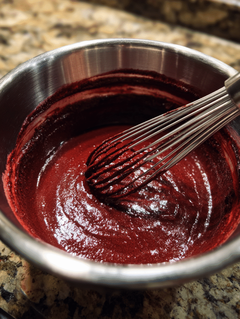 Mixing red velvet brownie batter in bowl