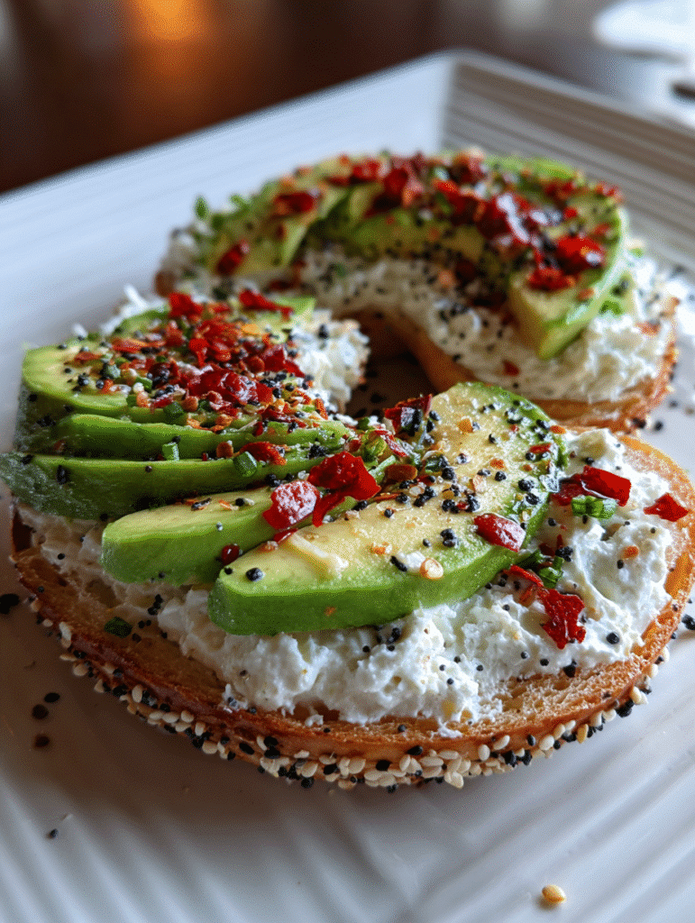 Toasted bagel with cream cheese spread and toppings