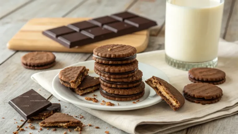 A stack of homemade chocolate wafer cookies on a plate, accompanied by a glass of milk, with a few broken pieces showing their crispy texture.