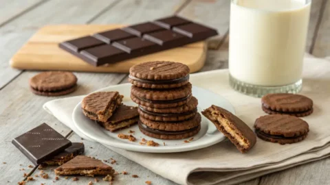 A stack of homemade chocolate wafer cookies on a plate, accompanied by a glass of milk, with a few broken pieces showing their crispy texture.
