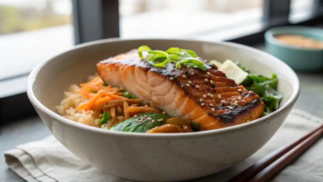 Sticky Miso Salmon Bowl,salmon rice bowl,healthy salmon bowl,sticky miso salmon bowl recipe,Miso Salmon Bowl.,Miso Glaze,vegan miso bowl,gluten-free salmon bowl,meal prep salmon bowls,healthy salmon bowls sticky miso salmon bowl