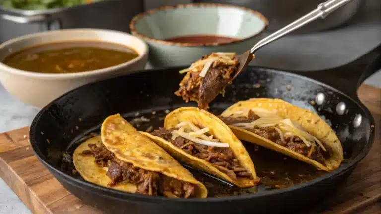 Crispy birria tacos being fried in a skillet, filled with shredded beef and melted Oaxaca cheese.