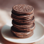 Chocolate wafer cookies stacked with milk on a white plate