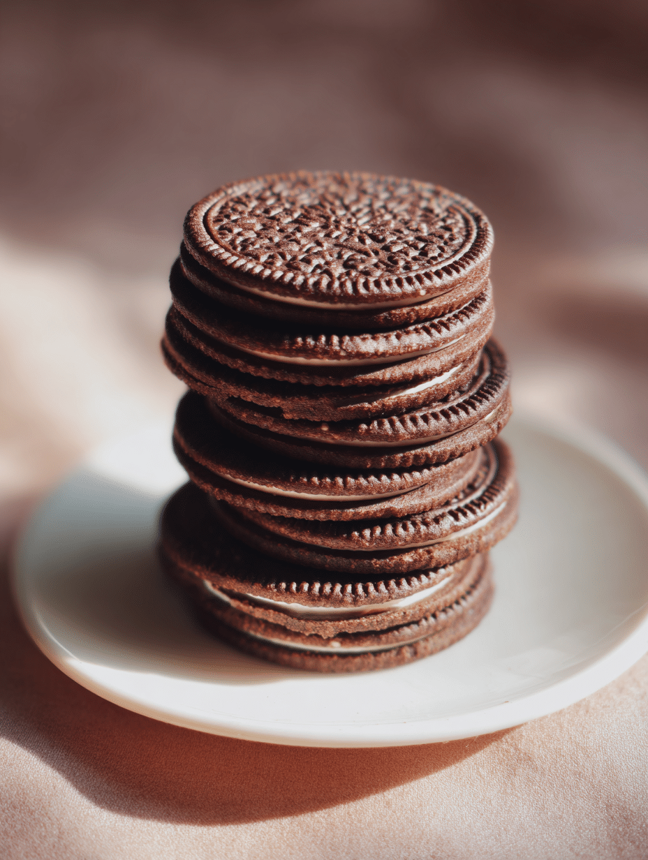 Chocolate wafer cookies stacked with milk on a white plate