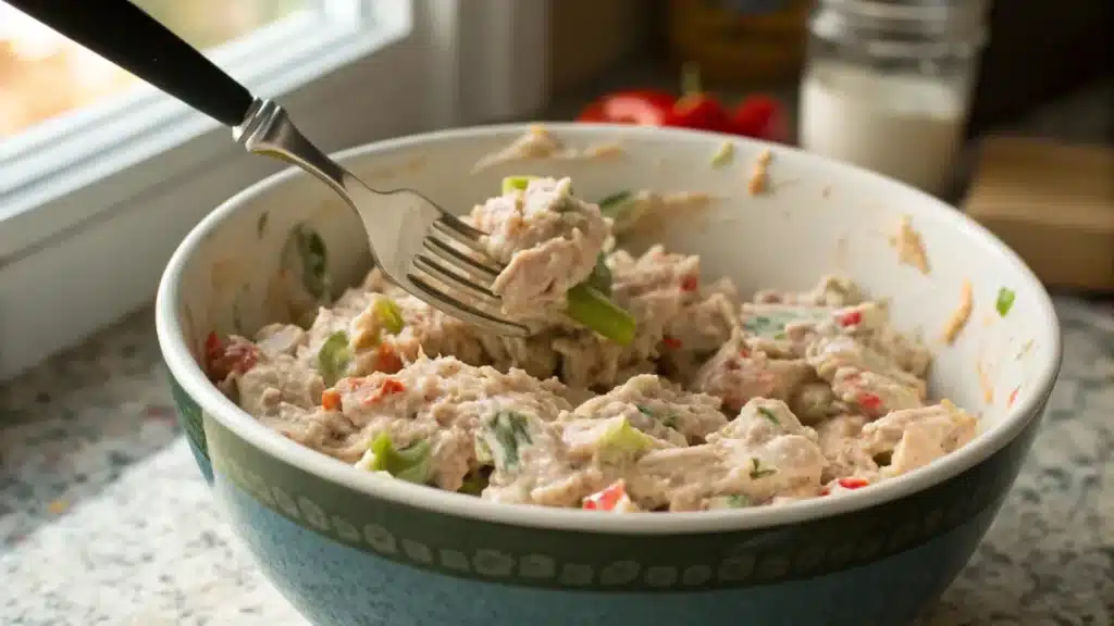 Creamy tuna salad being mixed with a fork in a bowl, showing fresh texture