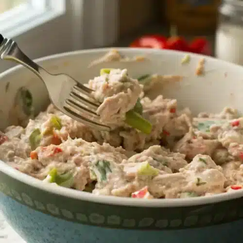 How To Make Matthew McConaughey Tuna Salad Recipe in Just 10 Minutes Creamy tuna salad being mixed with a fork in a bowl, showing fresh texture