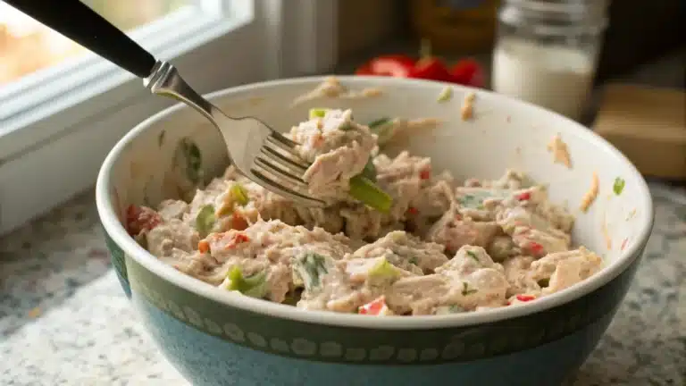 Creamy tuna salad being mixed with a fork in a bowl, showing fresh texture