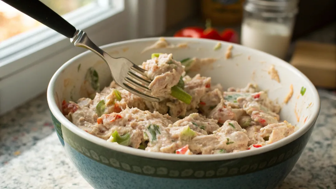 Creamy tuna salad being mixed with a fork in a bowl, showing fresh texture