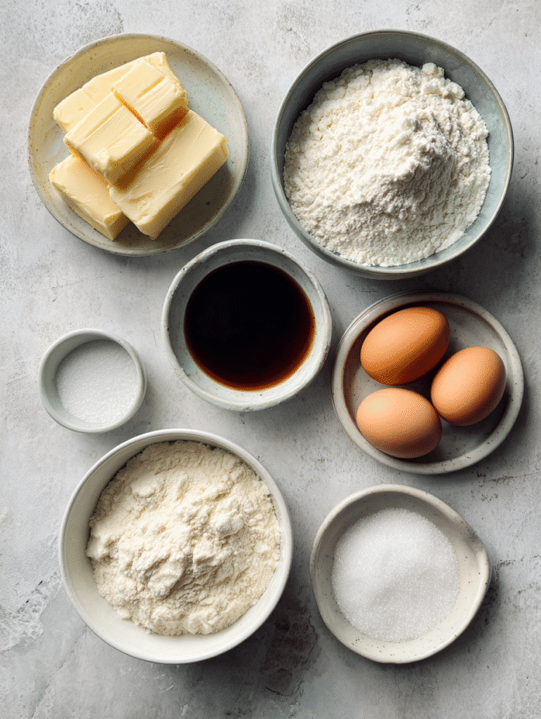 Vanilla wafer cookies ingredients on marble counter