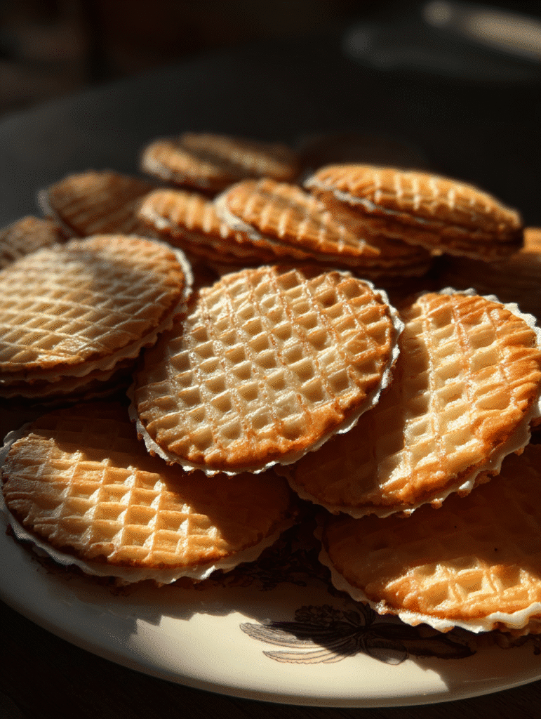 Wafer cookies on a cooling rack with golden crisp edges