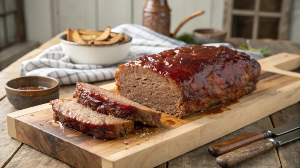 Glazed smoked meatloaf resting on a cutting board with a juicy sliced center