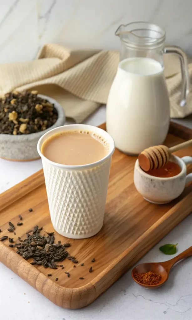 A cup of homemade oolong milk tea served with loose leaf oolong, milk, and honey on a wooden tray