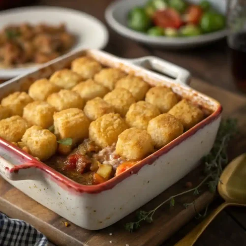 The Ultimate Tim Walz Hot dish Recipe: Perfect Your Minnesota Classic with These Simple Steps Alt Text: Tim Walz Hotdish freshly baked, showcasing crispy tater tots on top in a rustic baking dish.