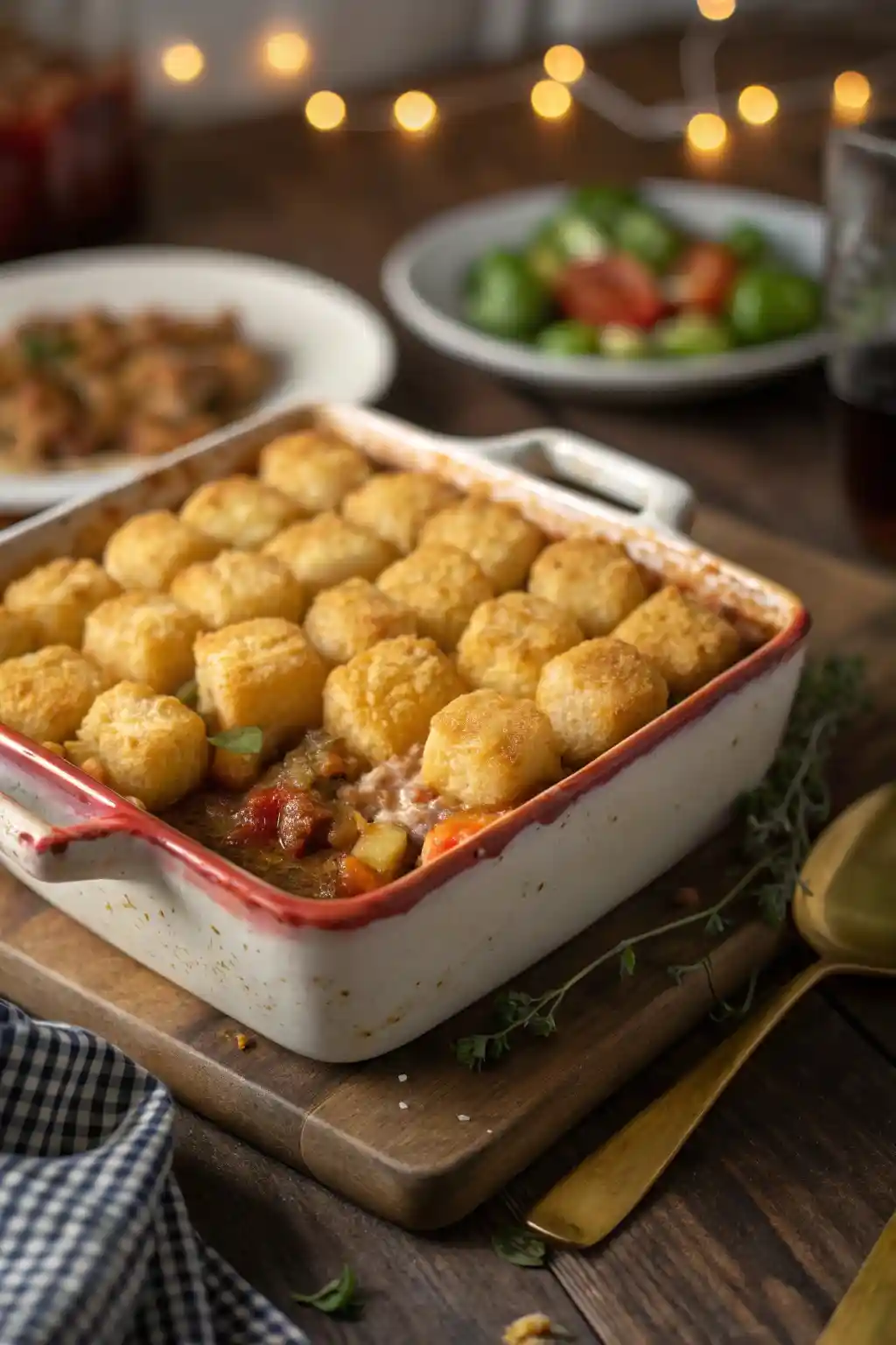 Alt Text: Tim Walz Hotdish freshly baked, showcasing crispy tater tots on top in a rustic baking dish.