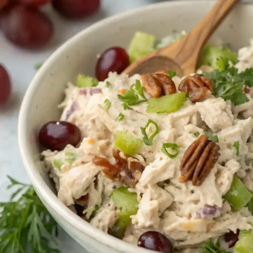 Discover the Ultimate Newks Chicken Salad Recipe: A Step-by-Step Guide with Secret Ingredients Close-up of creamy Newk’s chicken salad with shredded chicken, grapes, celery, and pecans served in a bowl with a wooden spoon.