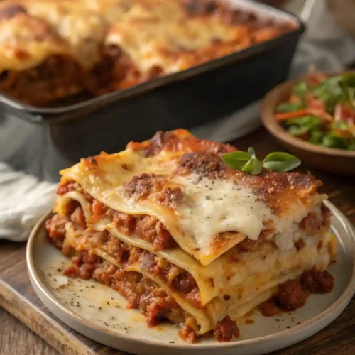 A close-up of a freshly baked lasagna, with golden melted cheese, pasta layers, and savory sauce on a rustic wooden table.