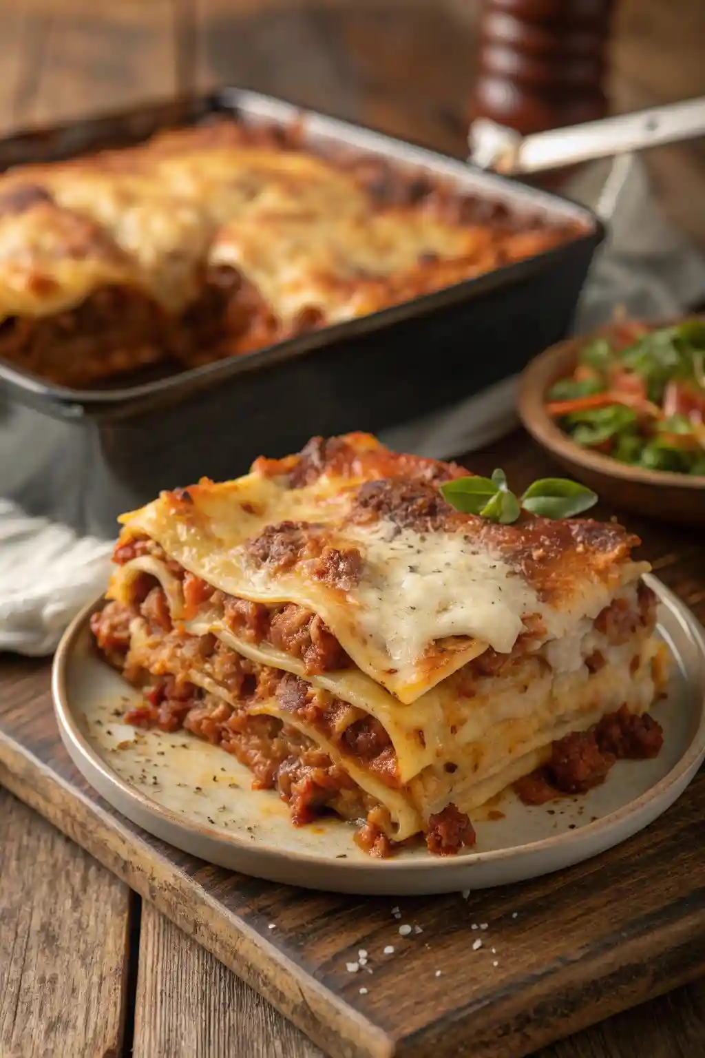 Ronzoni Lasagna Recipe,Ronzoni pasta,restaurant-quality lasagna,How to Make the Best Ronzoni Lasagna,How to make ronzoni lasagna,Ronzoni lasagna,Ronzoni lasagna noodles A close-up of a freshly baked lasagna, with golden melted cheese, pasta layers, and savory sauce on a rustic wooden table.