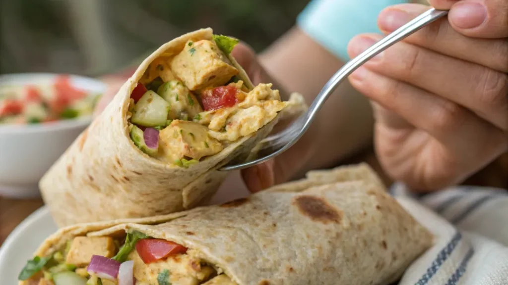 A person enjoying Ina Garten's curry chicken salad wrapped in a whole-wheat tortilla with visible fresh ingredients.