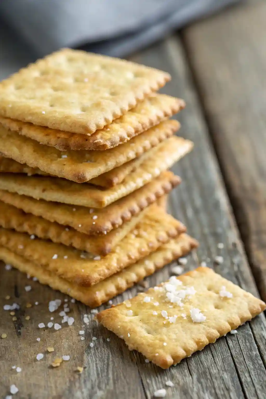 Gluten Free Triscuits,Gluten-Free Triscuits,homemade gluten free Triscuits A stack of homemade gluten-free Triscuits with a golden, crispy texture and salt on top, set against a rustic wooden background.