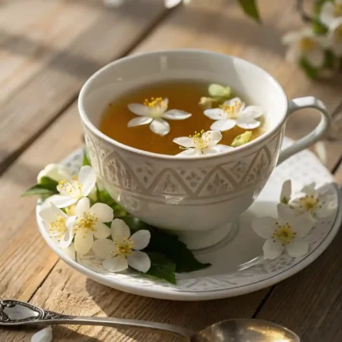The Ultimate Guide to Chinese Jasmine Tea: Types, Taste, and How to Brew It Right A steaming cup of Chinese jasmine tea with jasmine blossoms on top, resting on a wooden table with soft lighting.