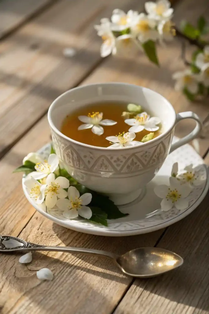 A steaming cup of Chinese jasmine tea with jasmine blossoms on top, resting on a wooden table with soft lighting.