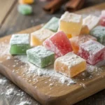 A close-up of colorful homemade hard tack candy dusted with powdered sugar on a rustic wooden table.