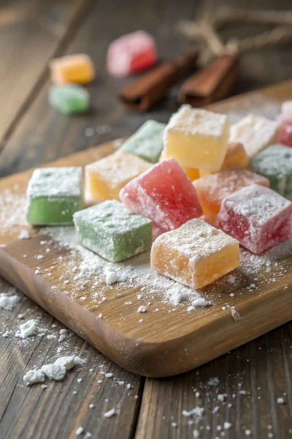 Hard Tack Candy Recipe,Hard Tack Candy,Ingredients for Hard Tack Candy,How to Make Hard Tack Candy,Homemade Hard Tack Candy A close-up of colorful homemade hard tack candy dusted with powdered sugar on a rustic wooden table.