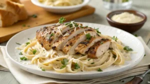 Homemade blackened chicken Alfredo served over fettuccine with parsley and Parmesan