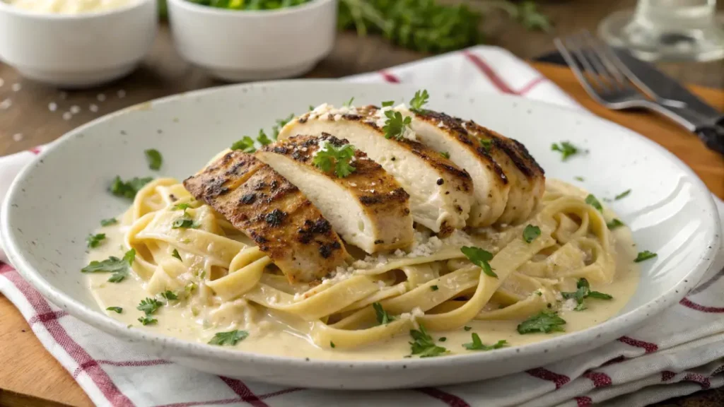 Homemade blackened chicken Alfredo served over fettuccine with parsley and Parmesan