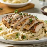 Homemade blackened chicken Alfredo served over fettuccine with parsley and Parmesan
