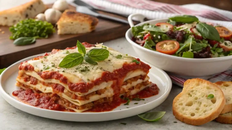 A family-style serving of Ronzoni lasagna on a plate, garnished with basil, accompanied by a side salad and garlic bread.