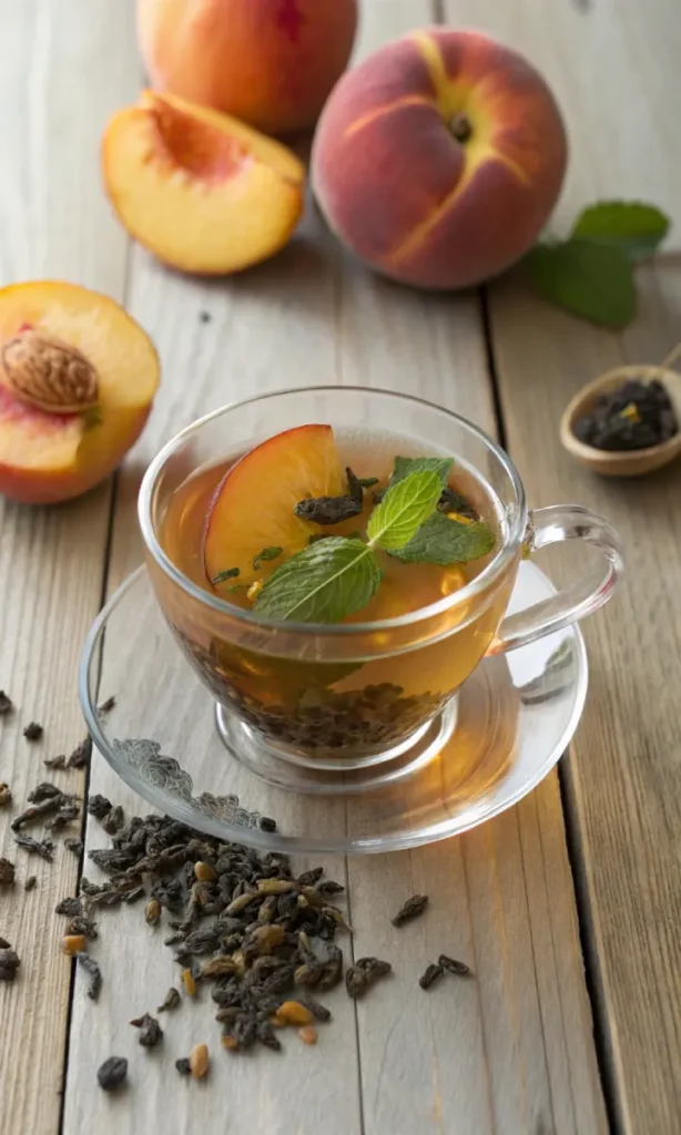 Glass cup of peach oolong tea with fresh peaches and loose oolong leaves on a wooden table.