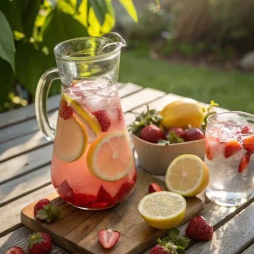 Better Than Store-Bought: Make Your Own Dole Strawberry Lemonade with This Easy Recipe Homemade strawberry lemonade in a glass pitcher with fresh lemons and strawberries on a picnic table