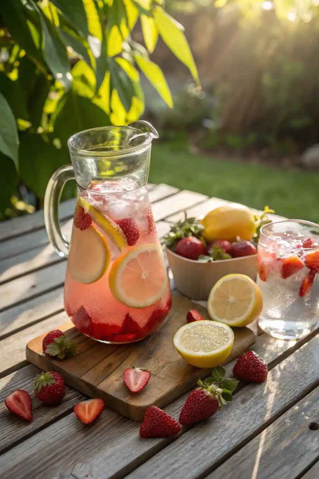 Dole Strawberry Lemonade,Homemade Dole Strawberry Lemonade,Dole Strawberry Lemonade Recipe Homemade strawberry lemonade in a glass pitcher with fresh lemons and strawberries on a picnic table