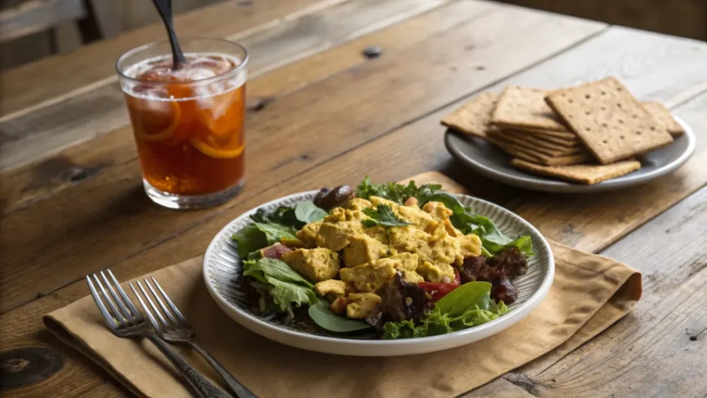 A lunch setting with Ina Garten’s curry chicken salad and pickled vegetables on a stylish table.