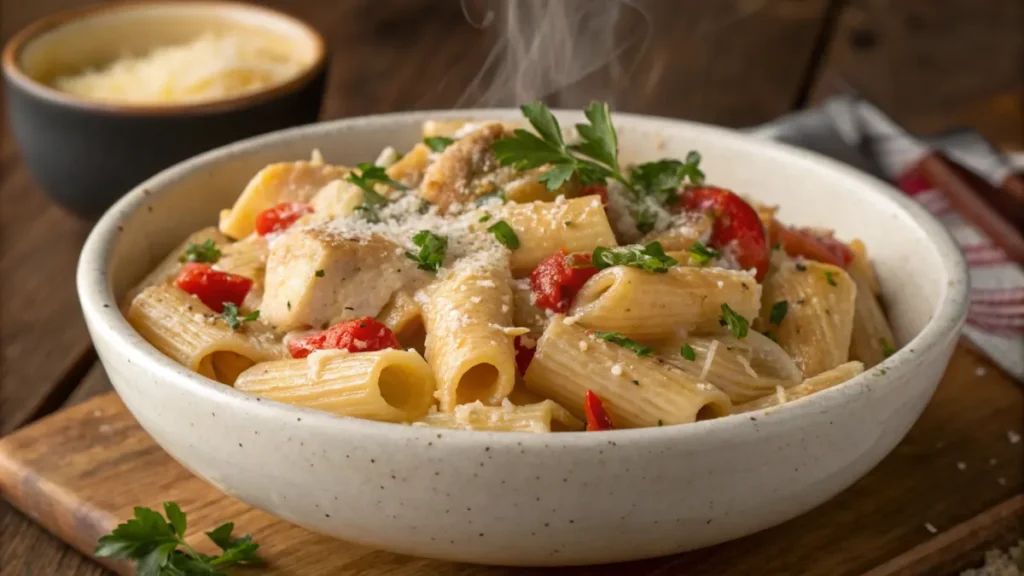 Bowl of creamy chicken riggies pasta with Parmesan, chicken, and cherry peppers on a wooden table