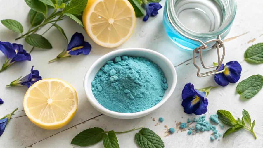 Ingredients for blue tonic: spirulina, butterfly pea flowers, lemon, and mint.