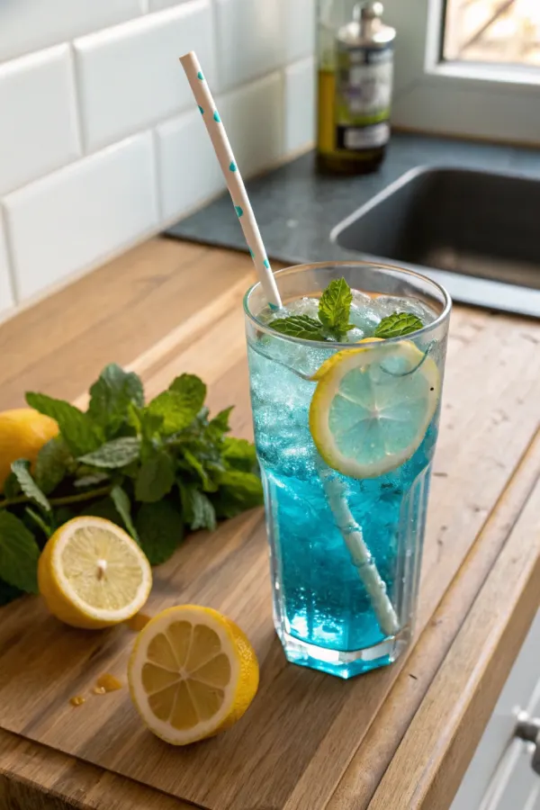 Glass of homemade blue tonic for weight loss with lemon and mint garnish