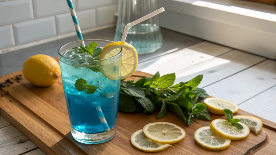 Glass of homemade blue tonic for weight loss with lemon and mint garnish