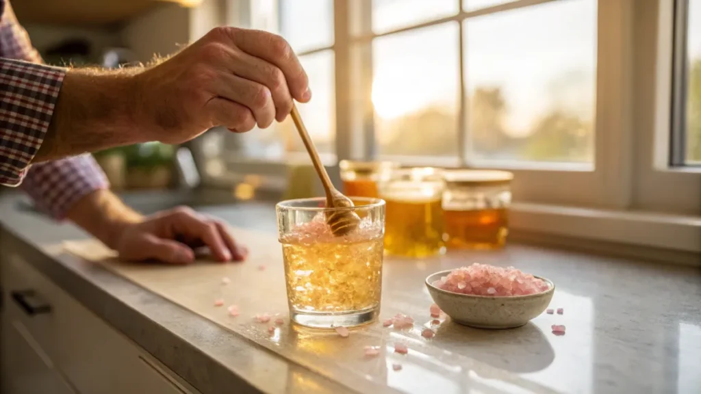 Man stirring a glass of salt and honey mixture as part of his morning health routine