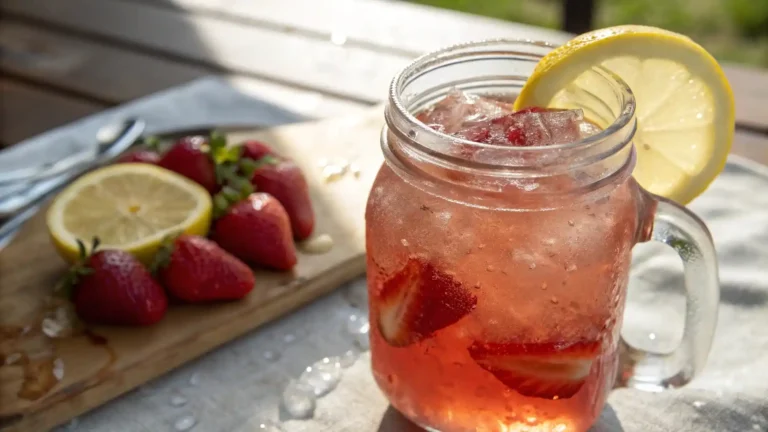 Iced strawberry lemonade in a mason jar with lemon and strawberry garnish on a sunny day